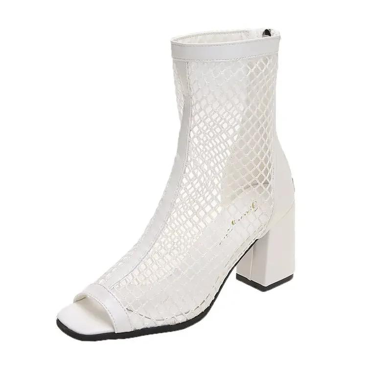 Summer Fashion Mesh Fish Mouth Short Tube High Heels Hollow Women Breathable Sandalias Mujer Boots Platform Zapatos Para Mujeres