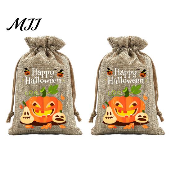 Small Storage for Candies 2Pcs Halloween Pumpkin Drawstring Bags Candy Treats, Retro Burlap Pattern Party Favors Trick or Treat Bags, Portable Goodie