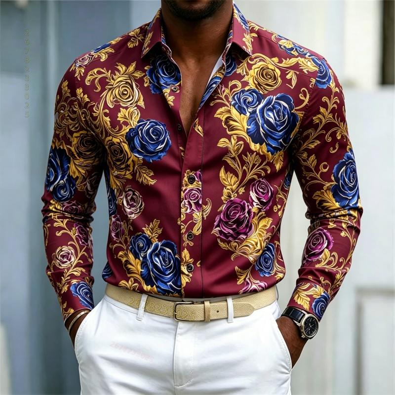 2026 Men's Shirt French Retro Blue Purple Gold Rose Flower Shirt White Background Pattern Slim Fit Long Sleeved Shirt XS-6XL