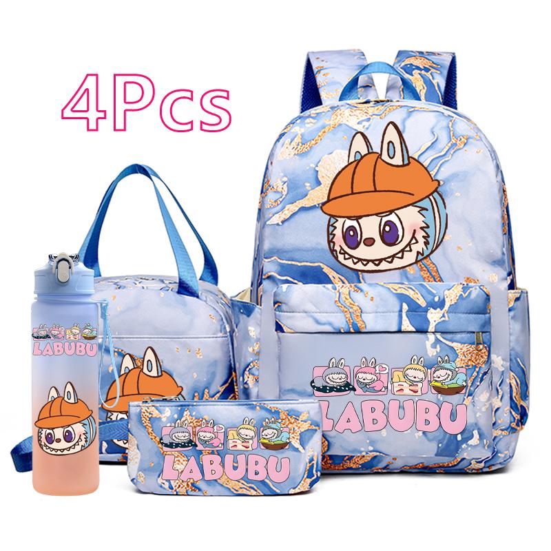 4Pcs/set Cute Anime Pirnted Backpack 750Ml Water Bottle Lunch Bag Pencil Bag Outdoor Student Girl Large Capacity Schoolbag Water Cup