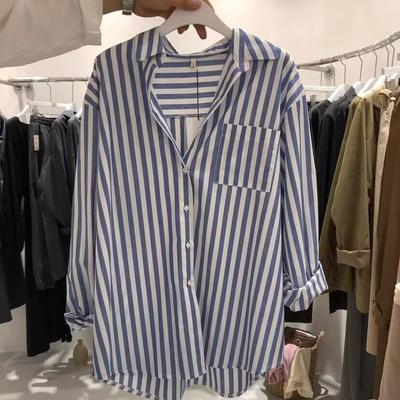 Dongdaemun 2025 Primavera/Outono Jaqueta Camisa Listrada de Manga Comprida Feminina