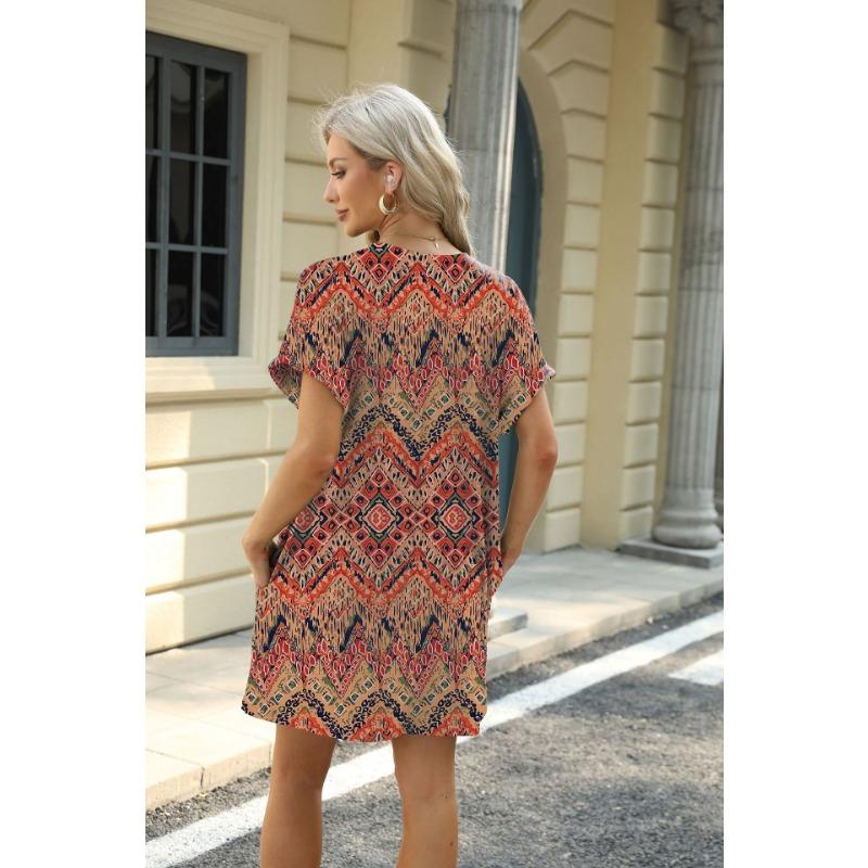 YYFS Damenmode Sommer Frühling Blumenmuster Druck Kurzarm O-Ausschnitt Lose Taille Freizeitkleider