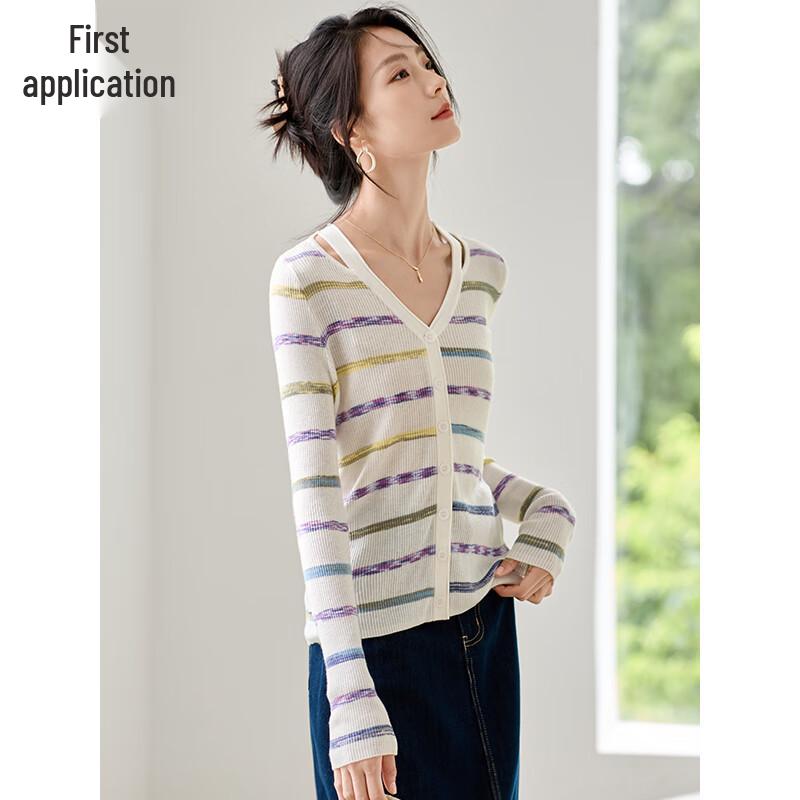 Chushen Damen V-Ausschnitt Colorblock Streifen Strickjacke