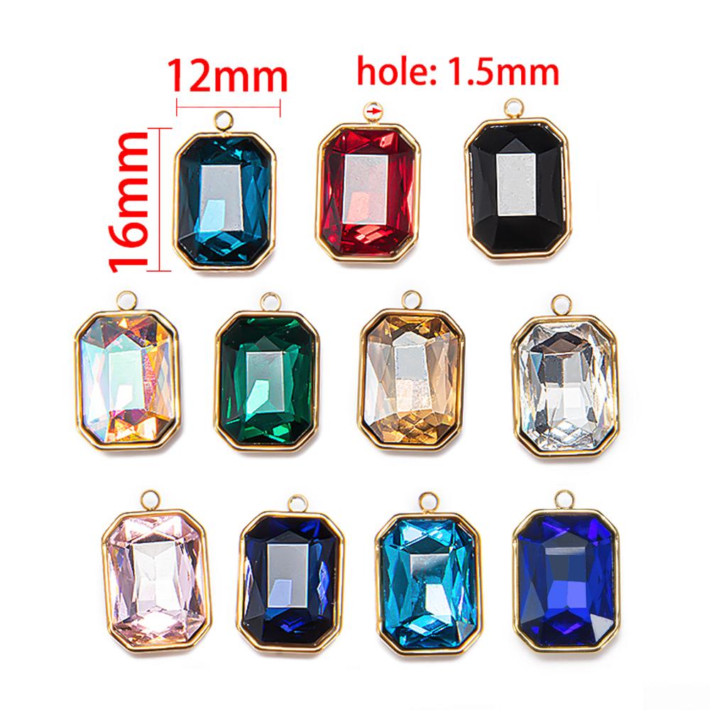 5pcs 12x16mm Stainless Steel Crystal Glass Charms Pendants Colorful Rectangle Charms for Necklace Beads Jewelry Making DIY