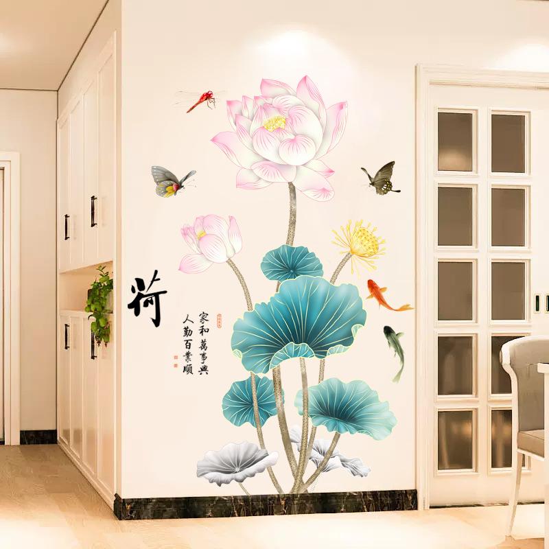 Chinese Style Hand Painted Lotus 3D Wall Sticker Self Adhesive for Living Room Background Wall Decor Vintage Art Home Decoration
