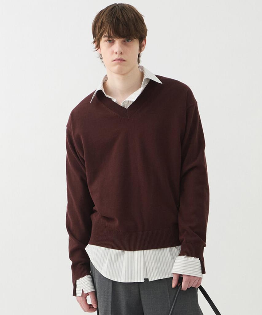 Windeo Sleeve-Cut Fine Cotton V Neck Sweater - Dark Brown