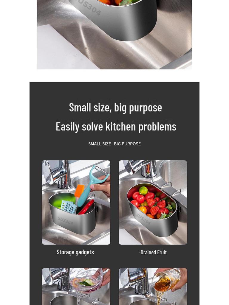 New 304 Stainless Steel Multi-Function Sink Drain Basket with Filter & Hanging Rack