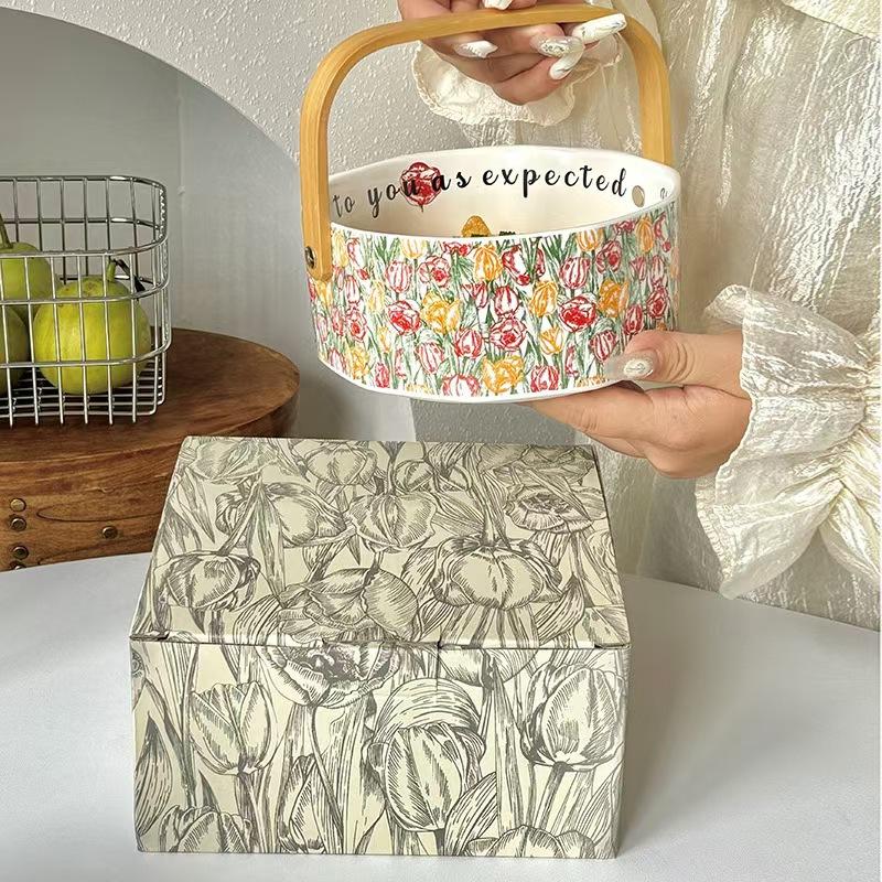 

Ceramic Retro Handheld Fruit Plate Household Snack Candy Box Exquisite High-End Light Luxury Nut Fruit Basket Dessert Plate