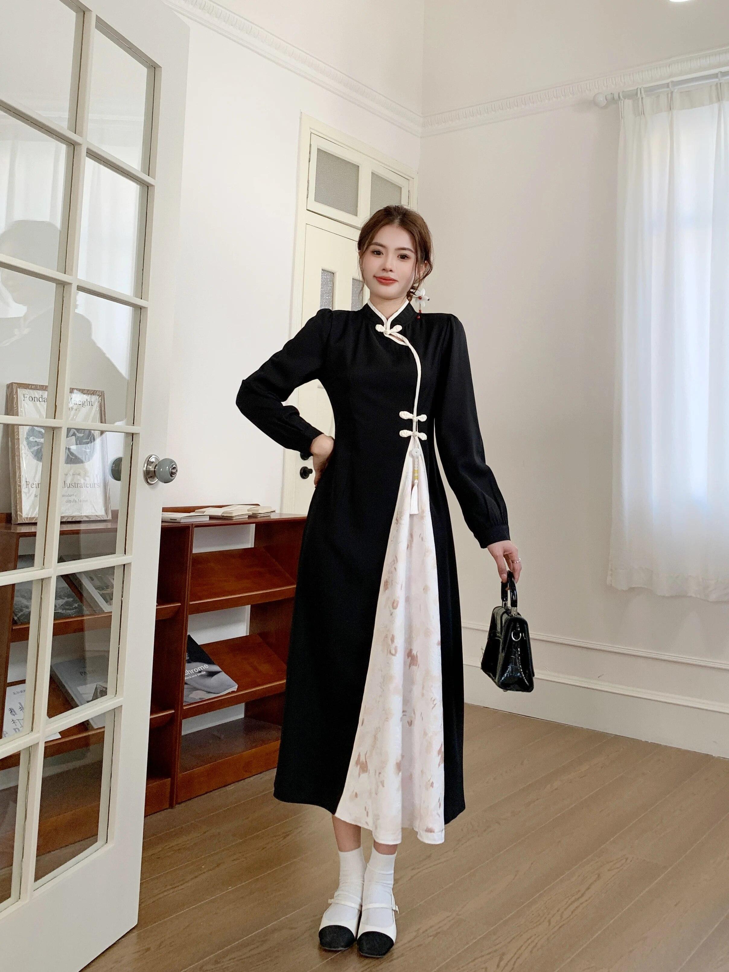 

Новое платье Cheongsam в китайском стиле в национальном ретро стиле, элегантное длинное платье с жаккардовым узором и длинными рукавами и пряжкой XXXL чёрный