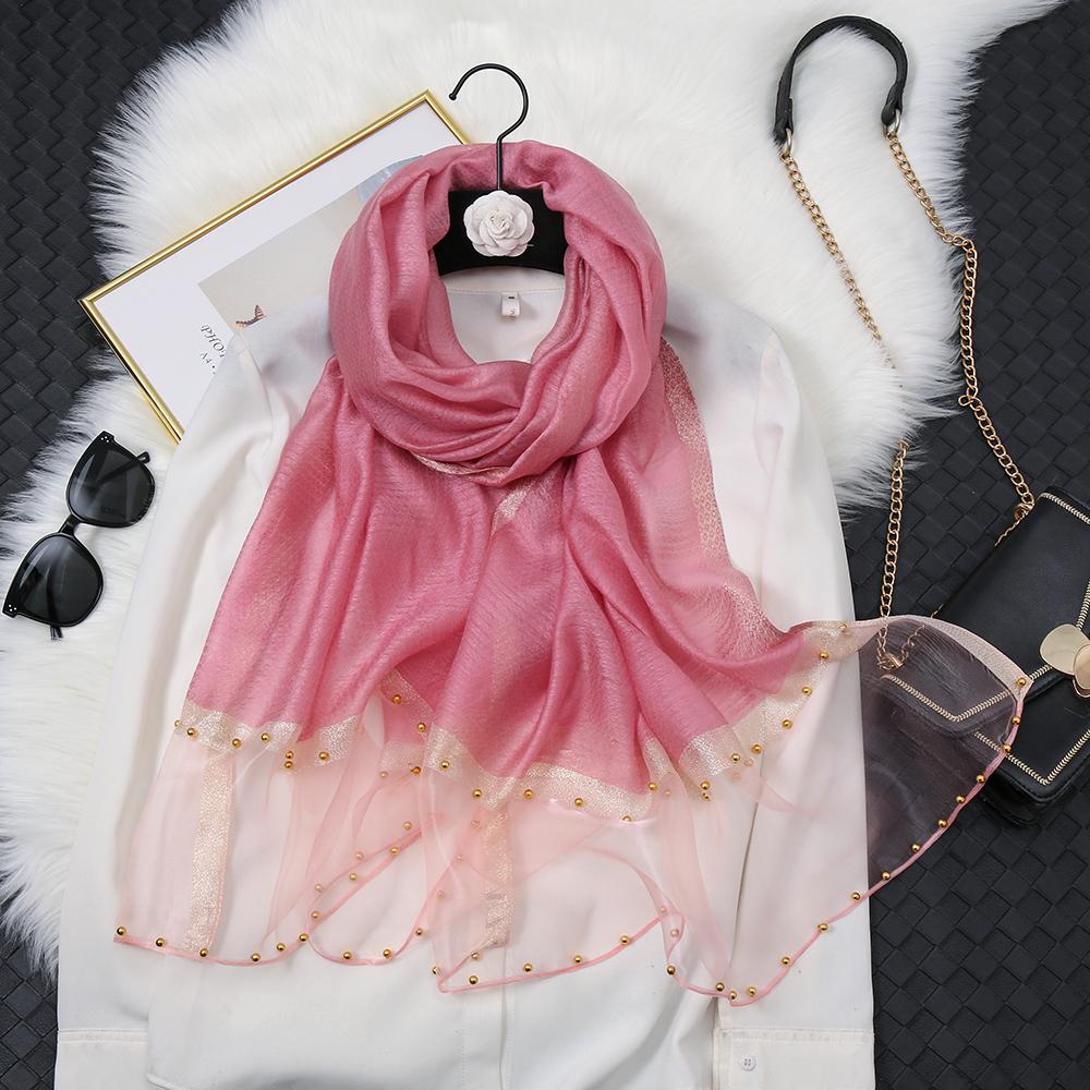 Fashion Luxury Silk Scarf For Women Shawls With Beads Long Scarf For Women Female Foluard Stoles Bandana Head Wraps Headscarf