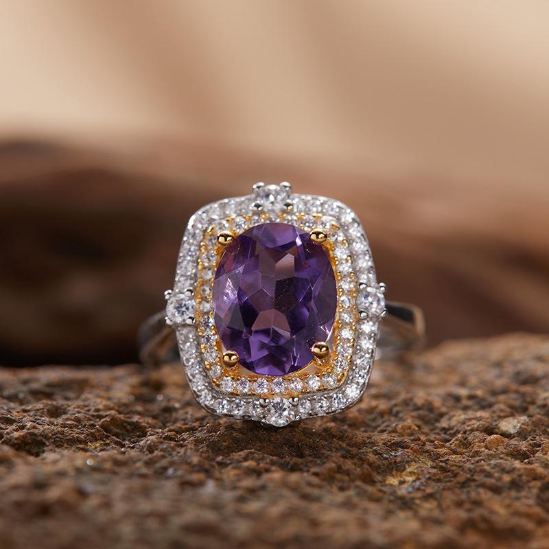 S925 Sterling Silver 18K Gold Natural Gemstone Ring Light Luxury Index Finger Ring Energy Jewelry Women