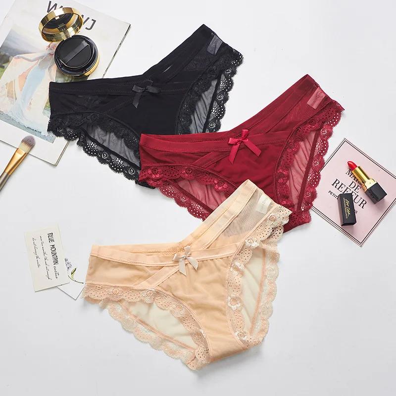 Women's Sexy Panties Transparent Mesh Breathable Briefs Underwear Low-Rise Bow Floral Panty for Lady Girl 3 Pcs/set