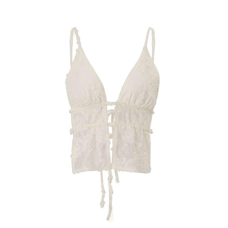 Super Sexy Sexy Lace Jacquard V Neck Bare Back Camisole Women's Autumn Fashion Vacation Lace up All-Match Tops