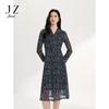 JUZUI Elegant V-Neck Floral Print Waist-Cinching Dress
