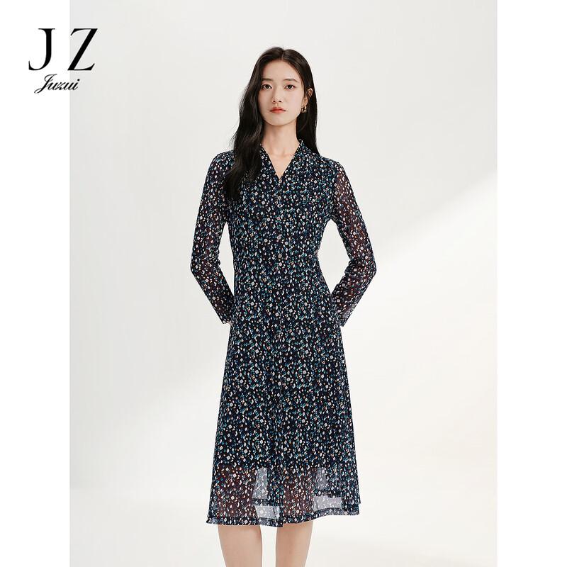 JUZUI Elegant V-Neck Floral Print Waist-Cinching Dress M