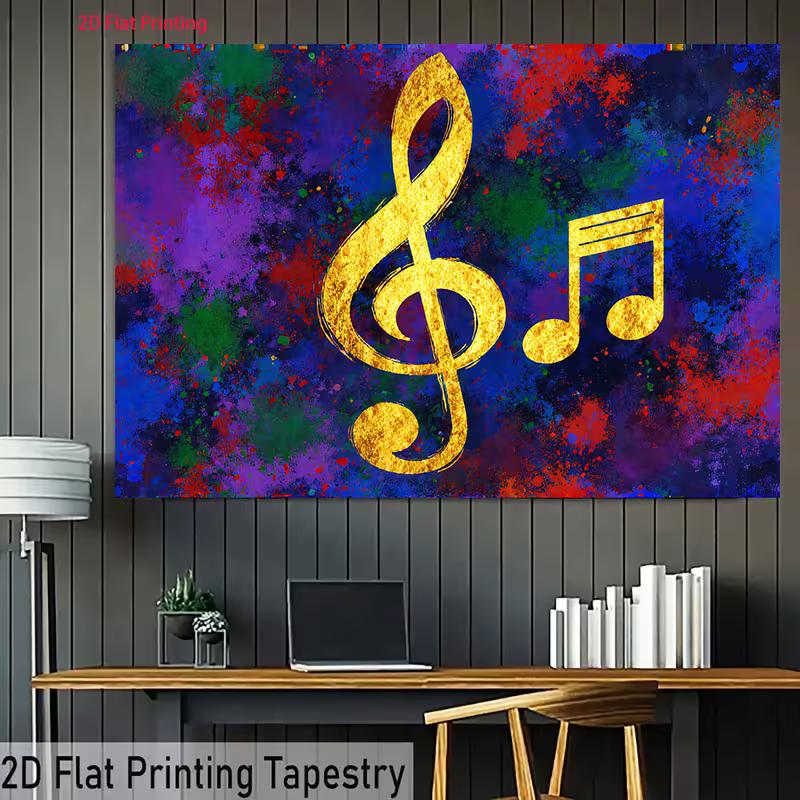 2D Artistic Music Backdrop Golden Notes on Colorful Abstract Paint Background Party Photo Background