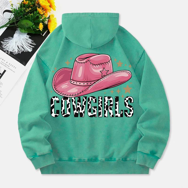 Cow Girls Washed Hoodies Women Pink Hat Prints Cotton Sweatshirts Long Sleeves Pocket Oversized Hooded Clothes