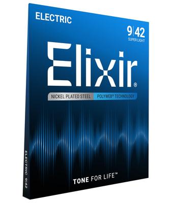 Elixir Electric Guitar POLYWEB Super Strings, Light, .009-.042, #12000
