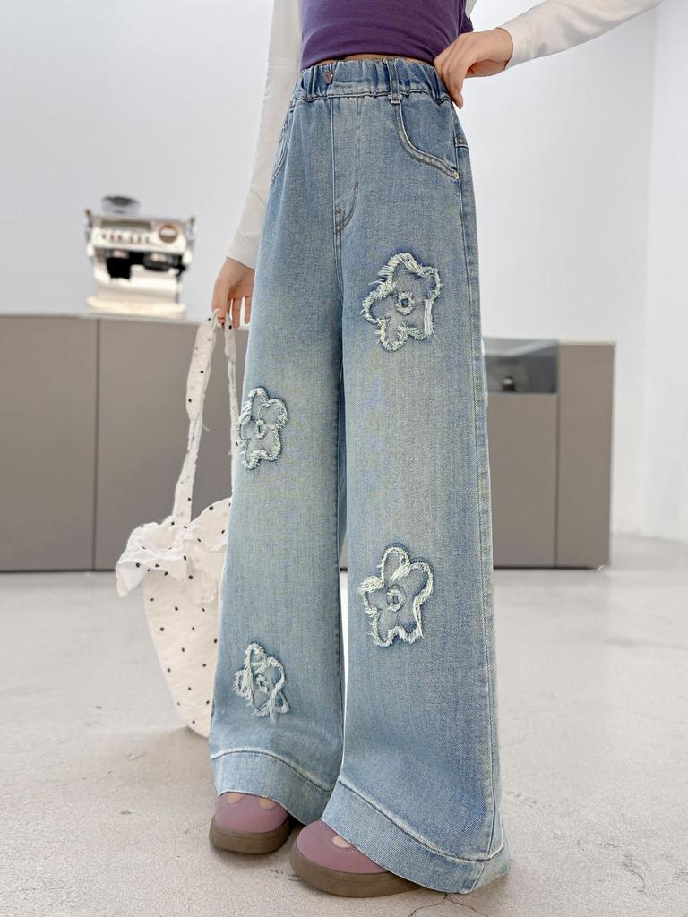 Girls' Embroidered Wide-Leg Denim Pants - Spring & Fall 2026 Junior High Style