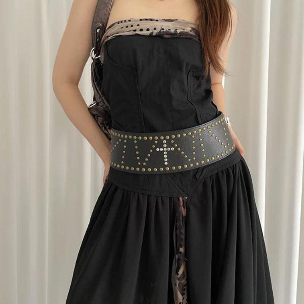 Wide Leather Waist Belt Vintage Women's Dress Belt Retro Cross Rivet Belt  Streetwear