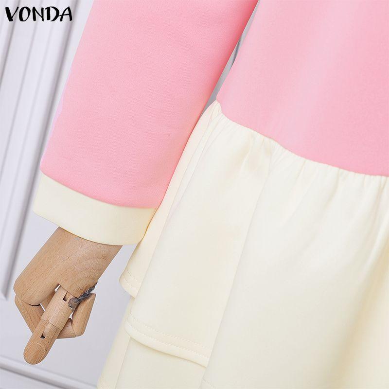 VONDA Women Casual V Neck Long Sleeve Patchwork Ruffled Dress