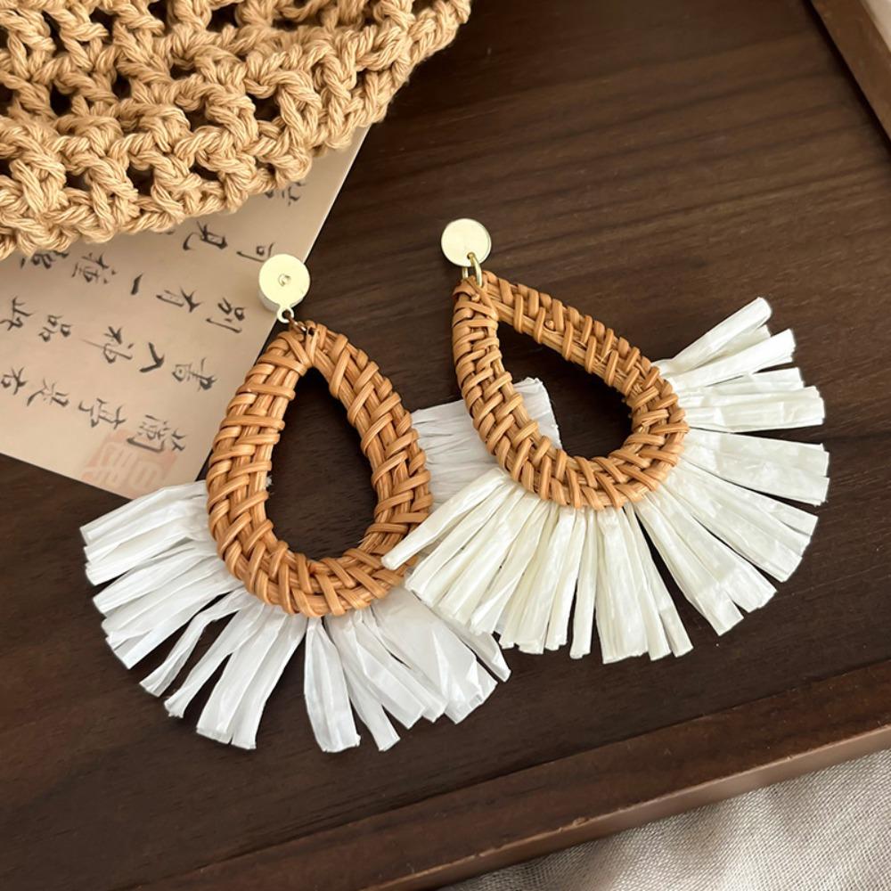 Round Rattan Weave Earrings Flower Beach Jewelry Cute Bohemian Drop Earrings  Wedding