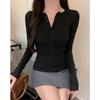 Damen Sexy V-Ausschnitt Knopf Langarm Schlankes T-Shirt