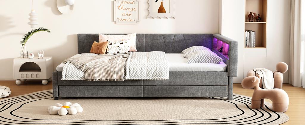 Daybed, 140x200cm, Storage Compartment on Bed, USB+Type C, With LED Light Strip, Bed with Two Drawers, Slatted Frame (without Mattress), Linen, Grey