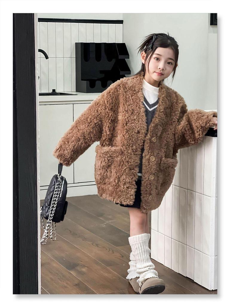 Korean Style Girls' Lambswool Coat - Autumn/Winter Collection for Medium & Large Children