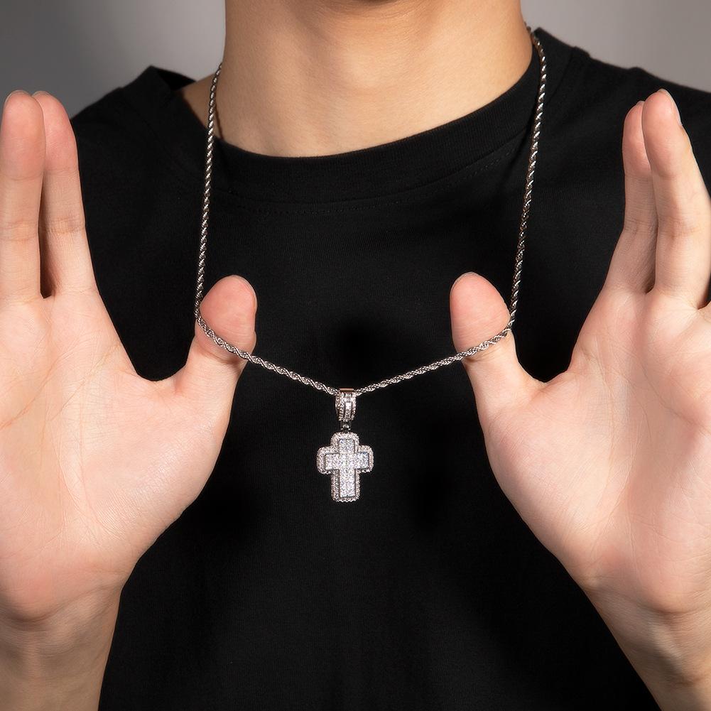 Hip hop T square cross pendant necklace copper inlaid zircon street trend brand niche