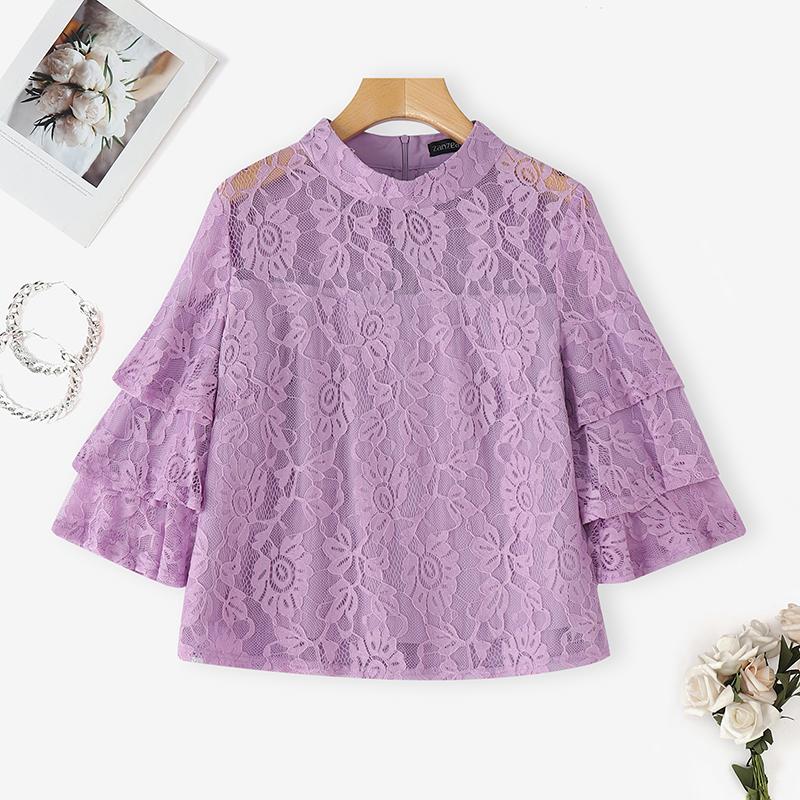 

ZANZEA Женская повседневная блузка с кружевной вставкой, воротником-стойкой и оборками, рукав 3/4 5XL