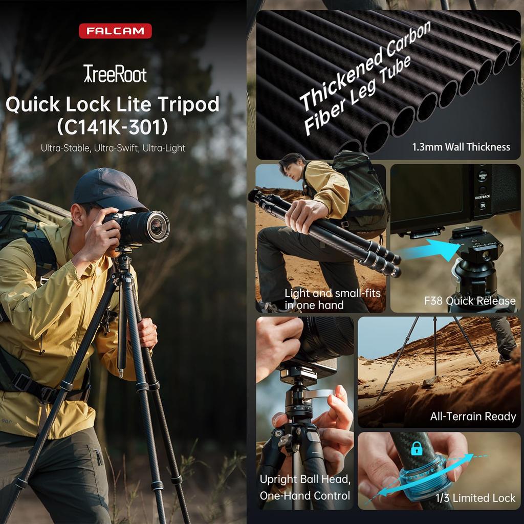 FALCAM TreeRoot QuickLock Lite Carbon Fiber Tripod with Ball and Compact Travel Tripod with 40kg Vertical Load Thick Legs for Cameras Head,