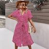 Frauen Blumendruck Langes Kleid Vintage Verband Einreiher V-ausschnitt Strandkleider Damen Boho Kurzarm Knopf Robe Vestidos