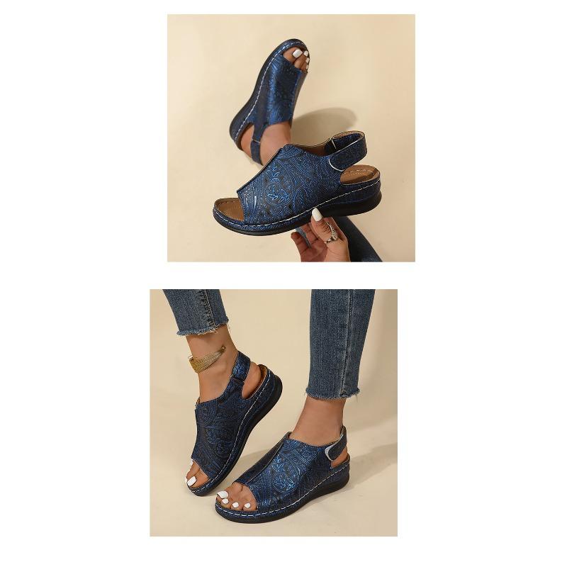 Retro Rock Pattern Large Size Wedge Sandals Women's Summer New Platform High Heel Sandals Women's