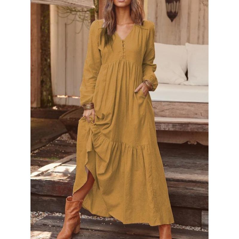 Women's Fashion Spring Autumn Solid Color Print Long Sleeve V-Neck High Waist Casual Dresses