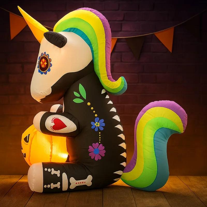 1.5M/5FT Halloween Inflatable Toy Party Decotions Skeleton Unicorn Pumpkin Built-in LED Lights for Outdoor Yard Lawn Decor Prop