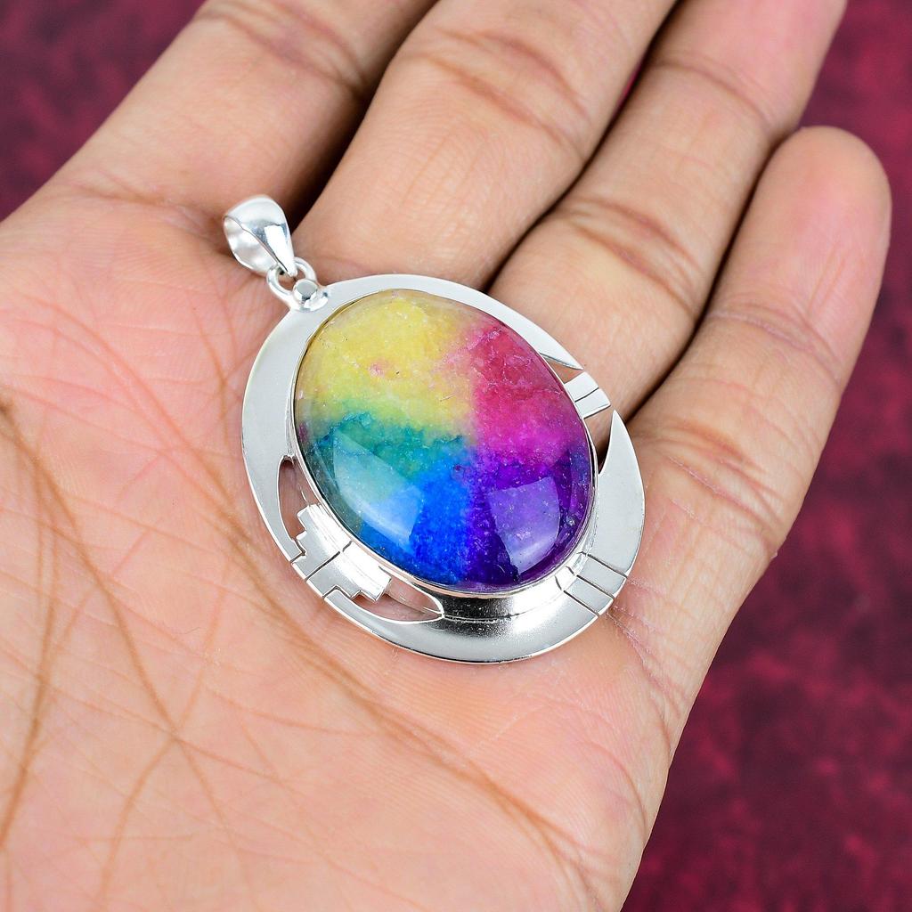 Pendentif en argent sterling massif 925 et quartz solaire arc-en-ciel, bijou fait main en pierres précieuses, cadeau pour femme.