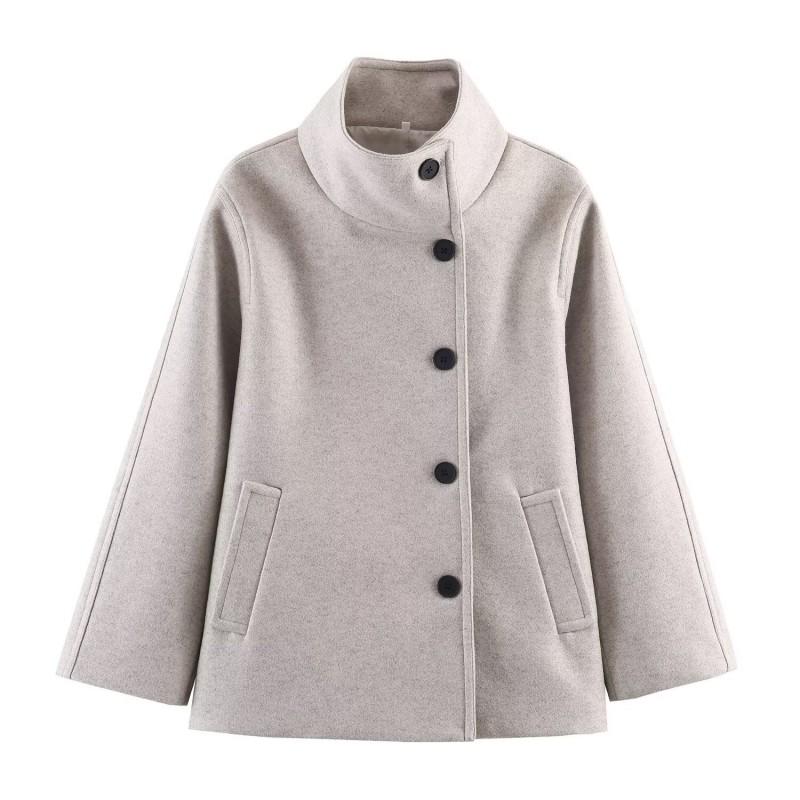 Womens Wool Blend High Neck Short Coat 2026 Street Style Outerwear Black Brown Khaki