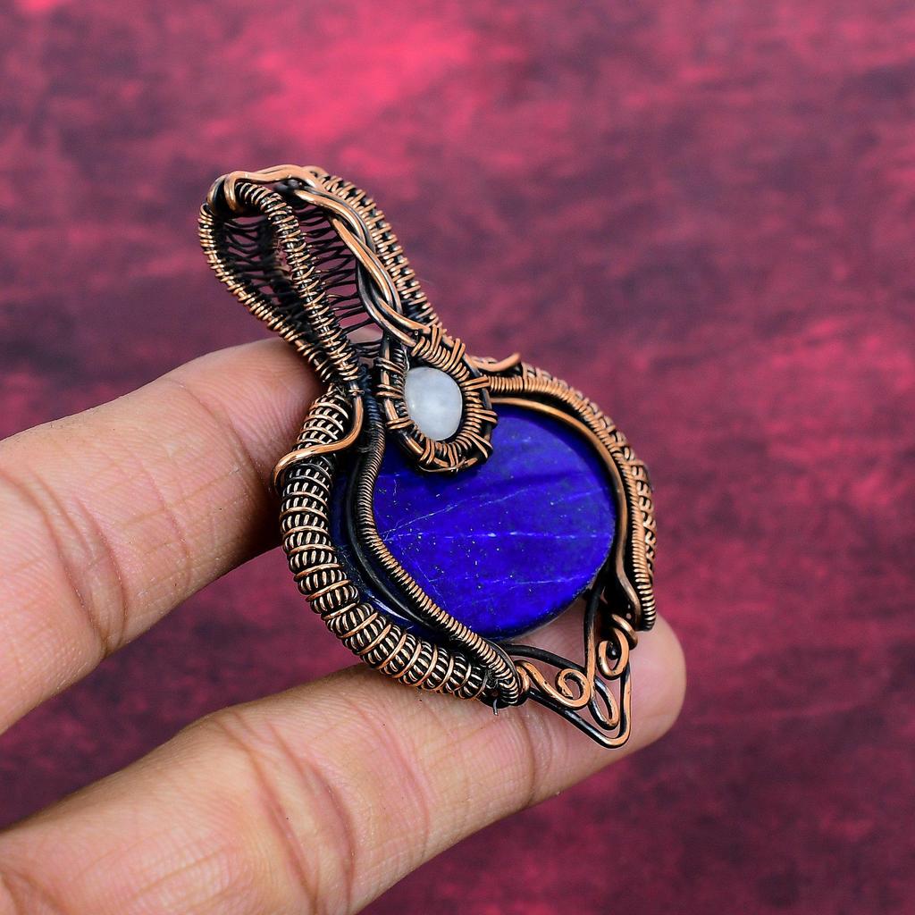 Lapis Lazuli Gemstone Pendant Copper Wire Wrapped Pendant Rainbow Moonstone Jewelry
