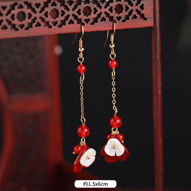 Antique earrings women's versatile temperament agate pearl long earrings retro jade fringed earrings