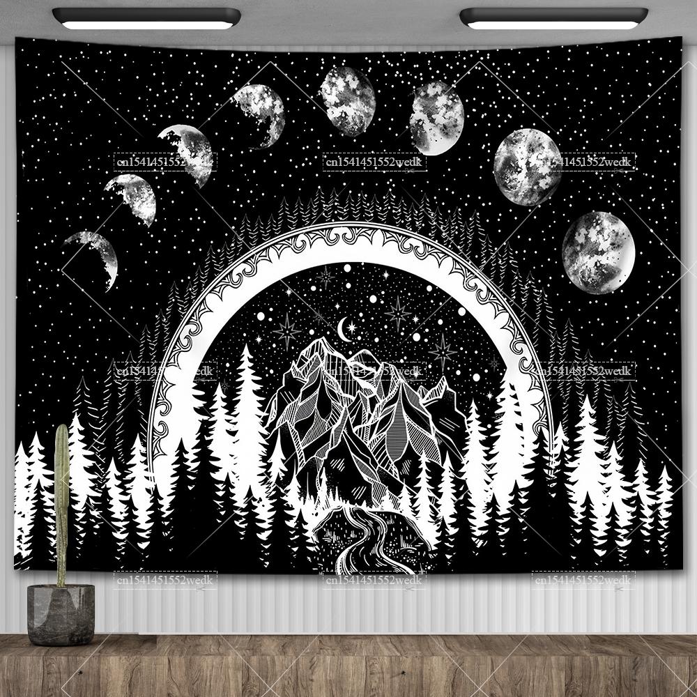 Boho Mountain Tapestry Landscape Tapestry Moon Starry Night Wall Hanging Tapestry Aesthetic Room Decor Backdrops Yoga Meditation