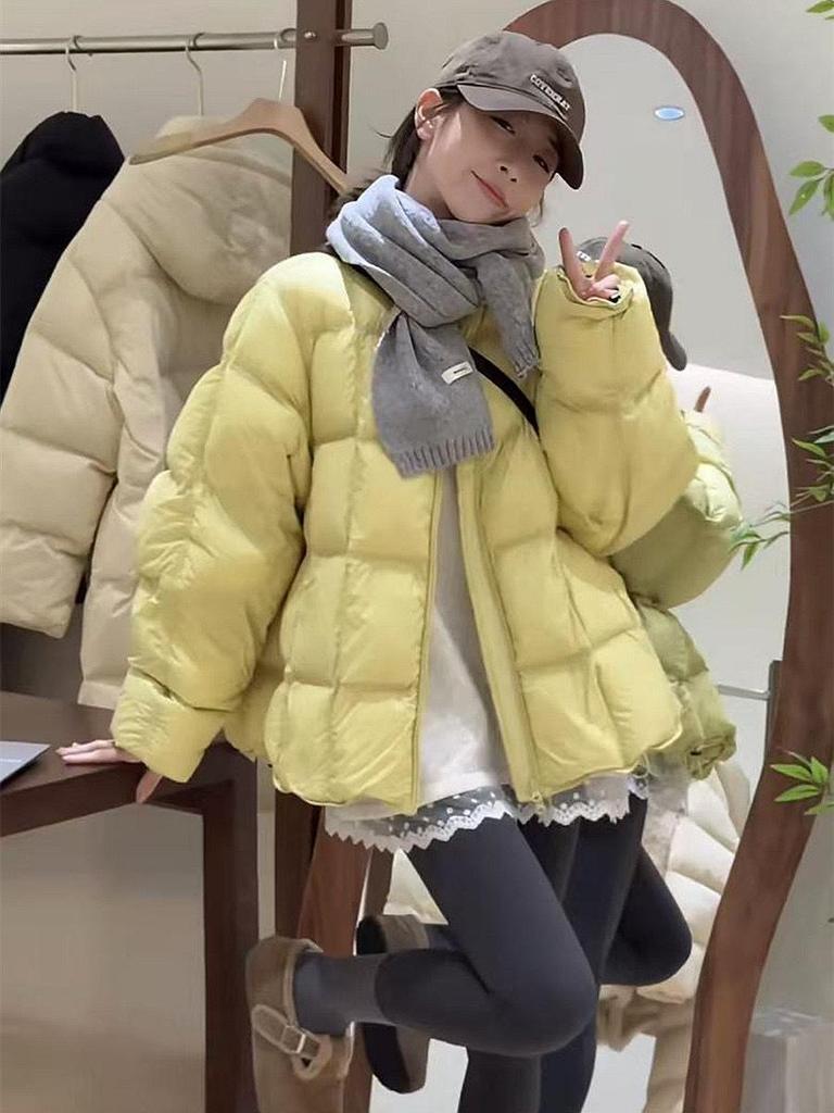 2024 Women's Fashionable Plaid Down Jacket - Casual Round Neck, Loose Fit, Warm Winter Coat
