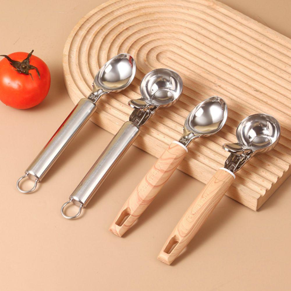 Stainless Steel Spring-loaded Ice Cream Scoop Trigger Release Wood-grain Handle Fruit Scoop Comfortable Grip Fruit Ball Digger