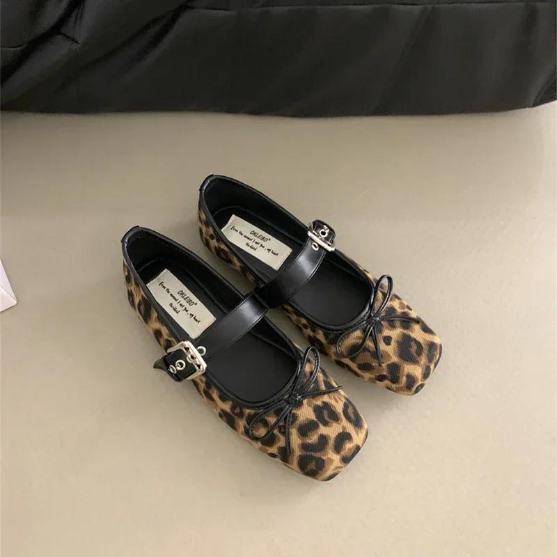 Fashion Leopard Print Women Mary Jane Shoes Fashion Shallow Butterfly-knot Flats Retro Style Ladies Comfort Soft Sole Ballerina Shoes
