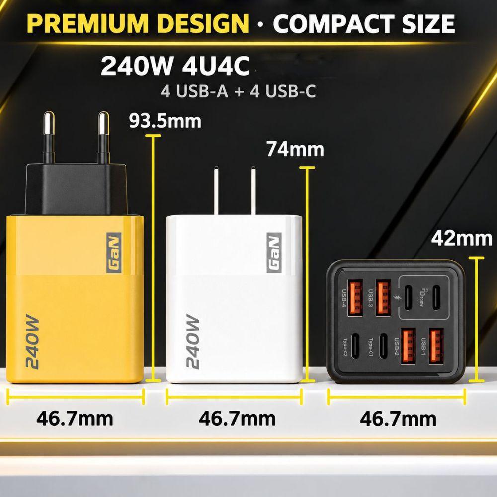 4USB+4PD 240W GaN Charger Plug 8 Ports USB C Charger for Huawei/Xiaomi/Samsung