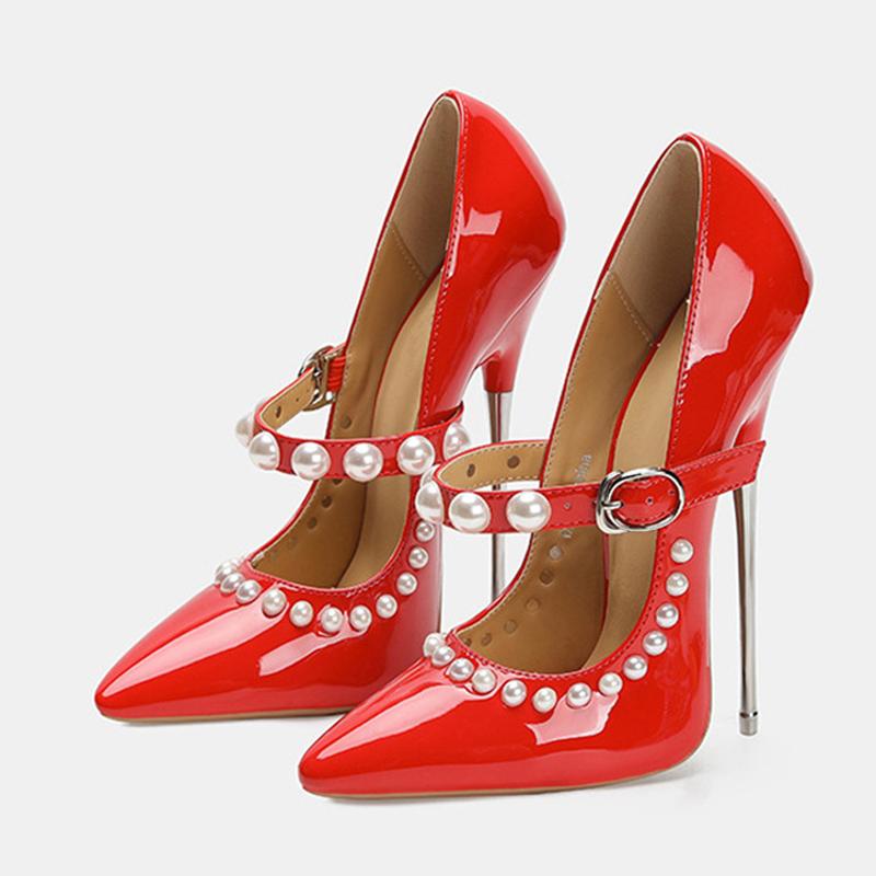 Modă Liyke Design de Modă Perle Curea cu Cataramă Piele Lăcuită Pantofi cu Toc Înalt Fetiș Eleganți cu Vârf Ascuțit 16CM Pantofi de Stripper