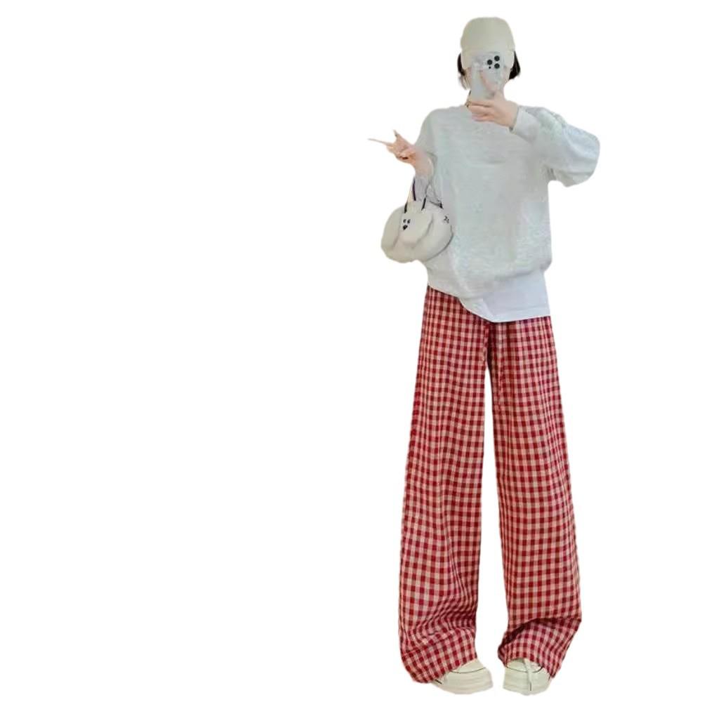 Red Checkered High Waist Wide Leg Pants for Women - Lazy Style, Linen, Perfect for Spring and Autumn