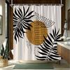 1 Modern Bathroom Shower Curtain - Large Palm Leaf And Sun Dot Pattern On Light Beige Background With Black Lines - Machine Wash