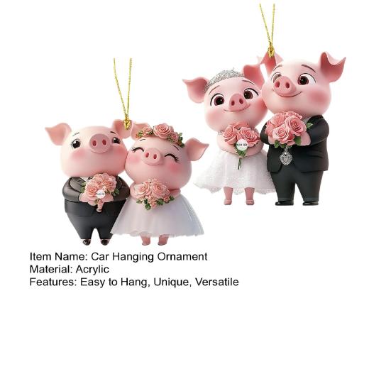 Pig Car Hanging Ornament 2D Acrylic Valentine’s Day Decoration Cute Love Theme Pendant for Rearview Mirror Wedding Party Decor