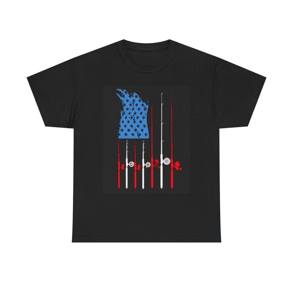 American Flag Fishing Poles Graphic T Shirt Fish Unisex Heavy Cotton Tee